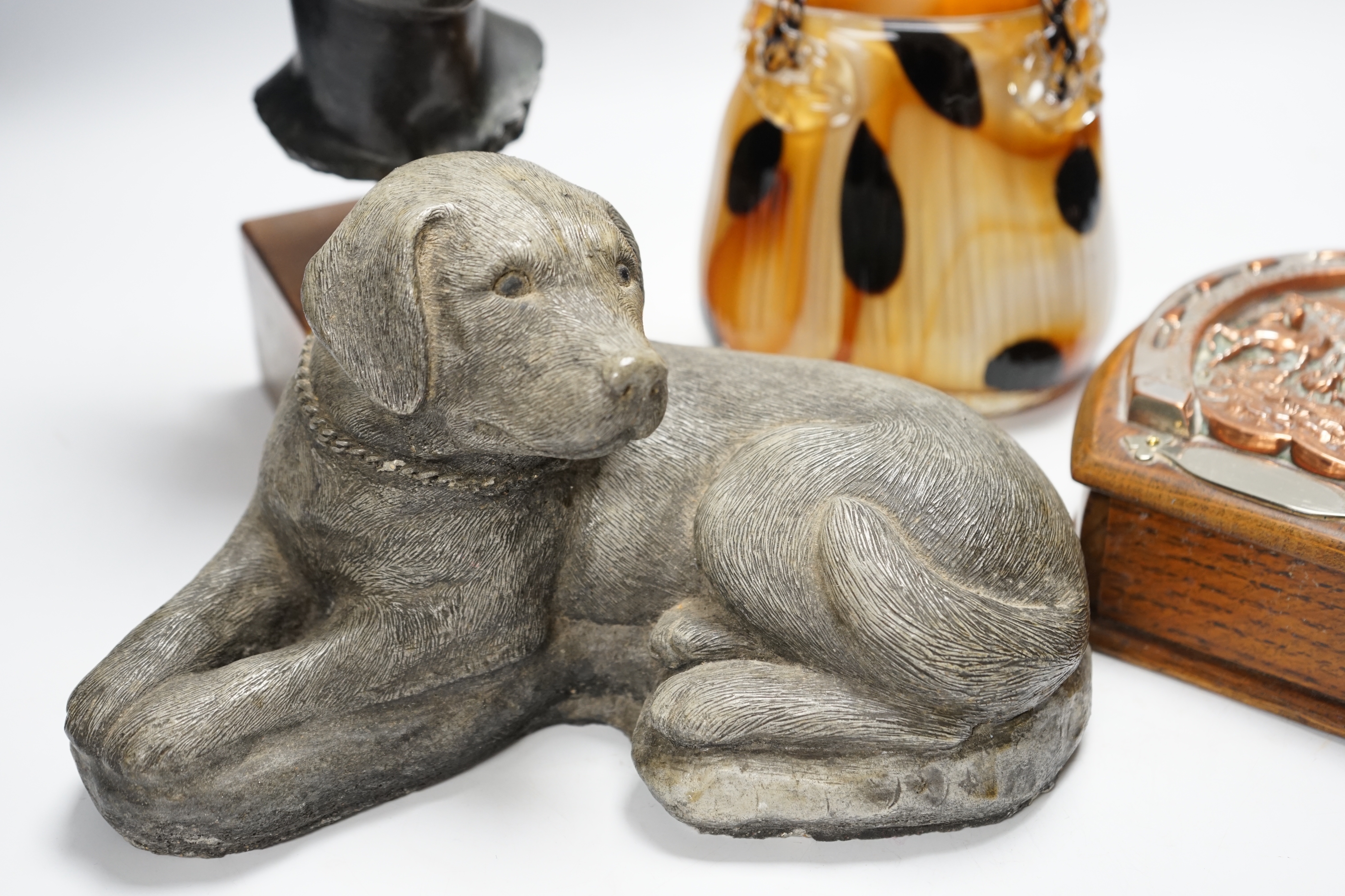 An early 20th century Italian signed bust of a lady, a studio glass basket, model of a dog and a cribbage set (4)